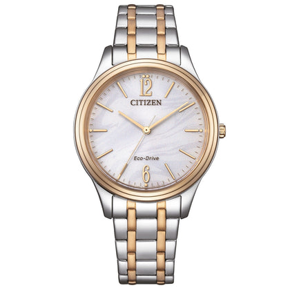 Citizen Elegance EM0416-78A analog damklocka med vit urtavla och armband i rostfritt stål