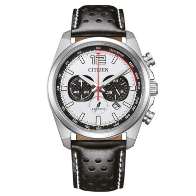 Citizen Eco-Drive Chronograph CA4640-09A analog herrklocka med vit urtavla och armband i läder