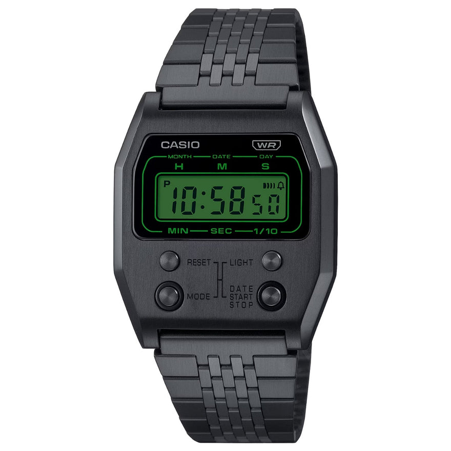 Casio Vintage A1100B-1EF digital herrklocka med svart urtavla och armband i rostfritt stål