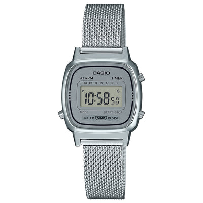 Casio Vintage LA670WEM-7EF digital herrklocka med silver urtavla och armband i rostfritt stål