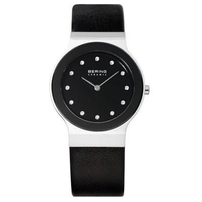 Bering Ceramic 32834-442 analog damklocka med svart urtavla och armband i läder