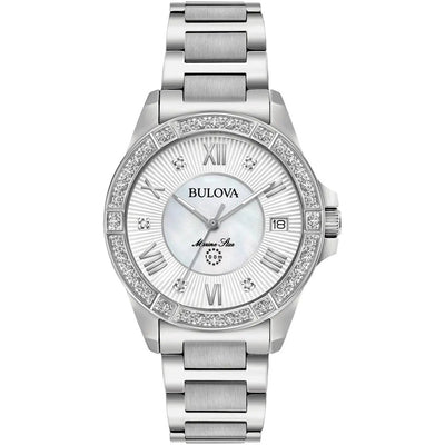 Bulova Marine Star Diamond 96R232 analog damklocka med vit urtavla och armband i rostfritt stål