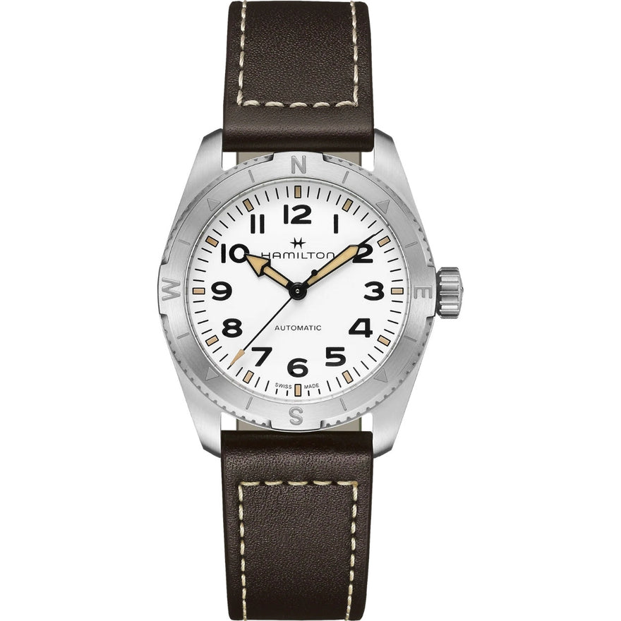 Hamilton Khaki Field Expedition Auto H70225510 analog herrklocka med vit urtavla och armband i läder