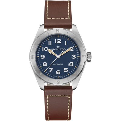 Hamilton Khaki Field Expedition H70315540 analog herrklocka med blå urtavla och armband i skinn