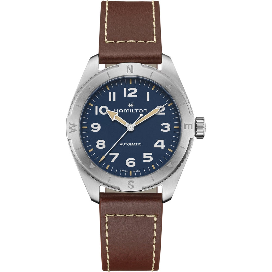 Hamilton Khaki Field Expedition H70315540 analog herrklocka med blå urtavla och armband i skinn