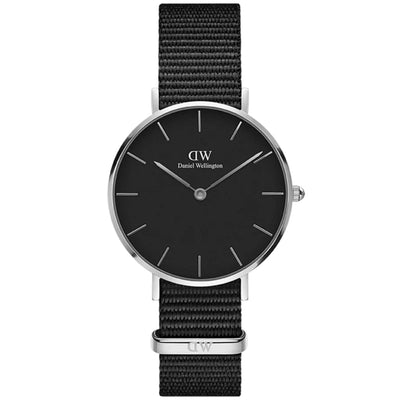 Daniel Wellington Classic Petite DW00100216 analog damklocka med svart urtavla och armband i textil