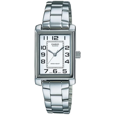 Casio Collection LTP-1234PD-7BEG analog damklocka med vit urtavla och armband i rostfritt stål