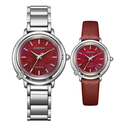 Citizen L Arcly Eco-Drive EM1090-78X analog damklocka med rött urtavla och armband i rostfritt stål