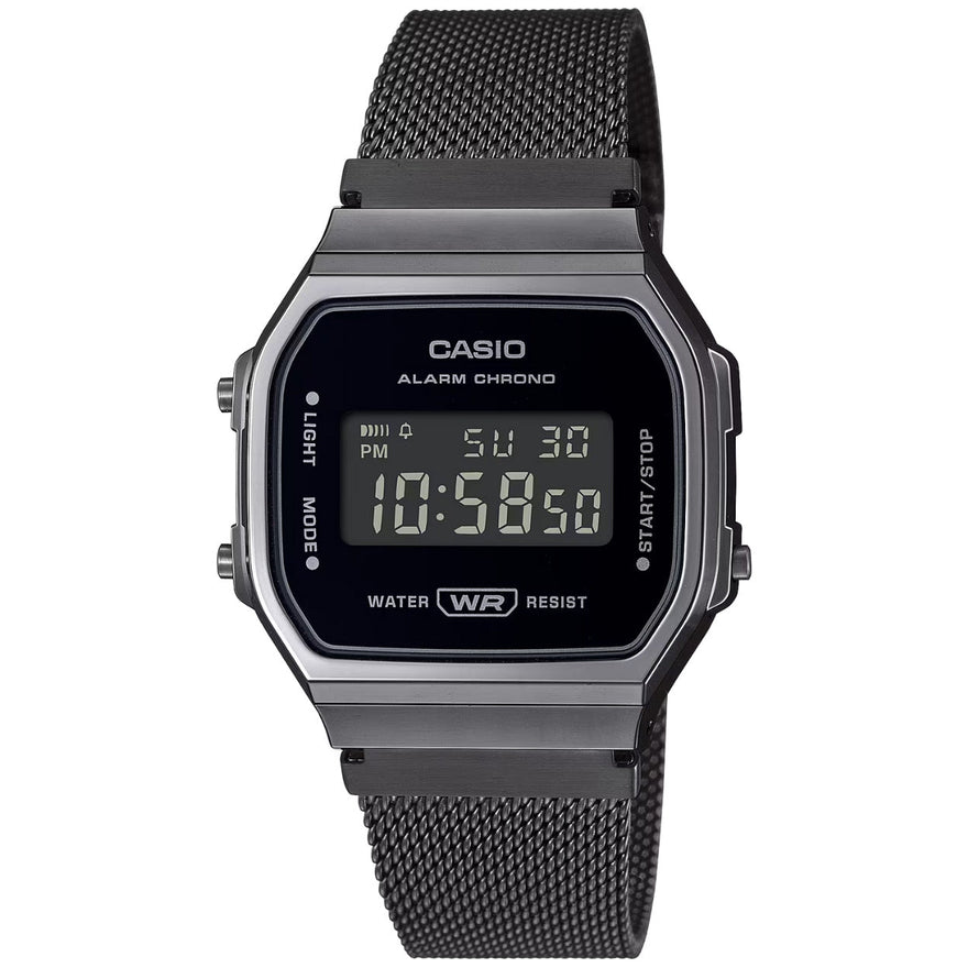 Casio Vintage A168WEMB-1BEF digital unisexklocka med svart urtavla och armband i rostfritt stål