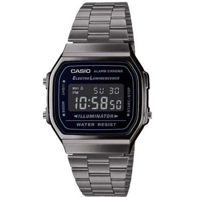 Casio Vintage A168WEGG-1BEF digital herrklocka med svart urtavla och armband i rostfritt stål
