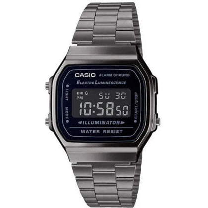 Casio Vintage A168WEGG-1BEF digital herrklocka med svart urtavla och armband i rostfritt stål