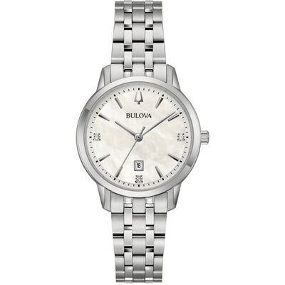 Bulova Sutton 96P233 analog damklocka med vit urtavla och armband i rostfritt stål