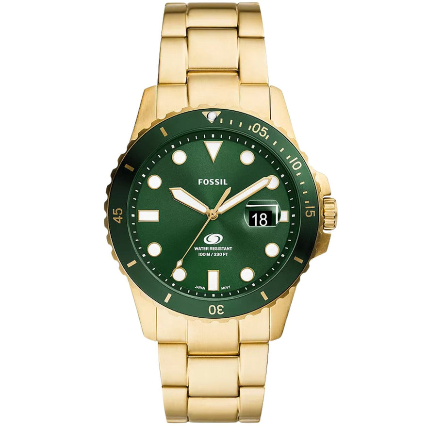 Fossil Blue Dive FS6030 analog herrklocka med grön urtavla och armband i rostfritt stål