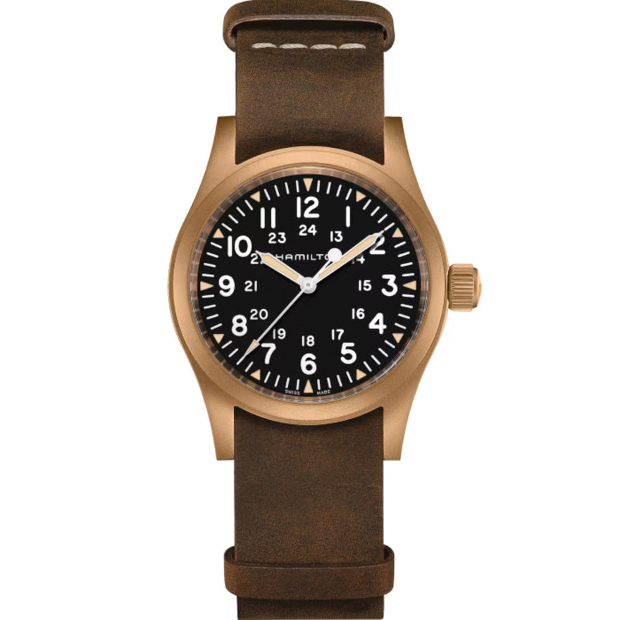 Hamilton Khaki Field Mechanical Bronze H69459530 analog herrklocka med svart urtavla och armband i läder