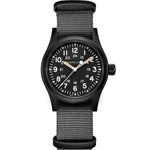 Hamilton Khaki Field Mechanical H69409930 analog herrklocka med svart urtavla och armband i textil