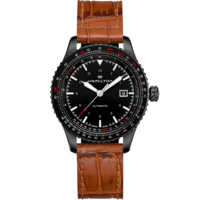 Hamilton Khaki Aviation Converter Auto H76625530 analog herrklocka med svart urtavla och armband i skinn