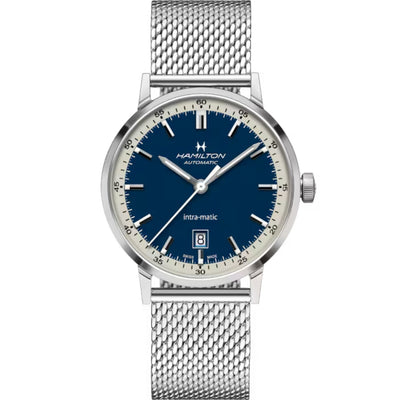 Hamilton American Classic Intra-Matic Auto H38425140 analog herrklocka med blå urtavla och armband i rostfritt stål