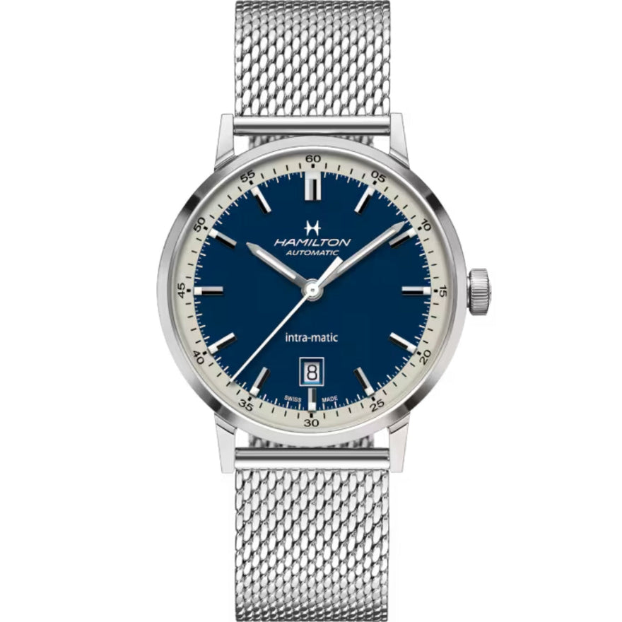 Hamilton American Classic Intra-Matic Auto H38425140 analog herrklocka med blå urtavla och armband i rostfritt stål
