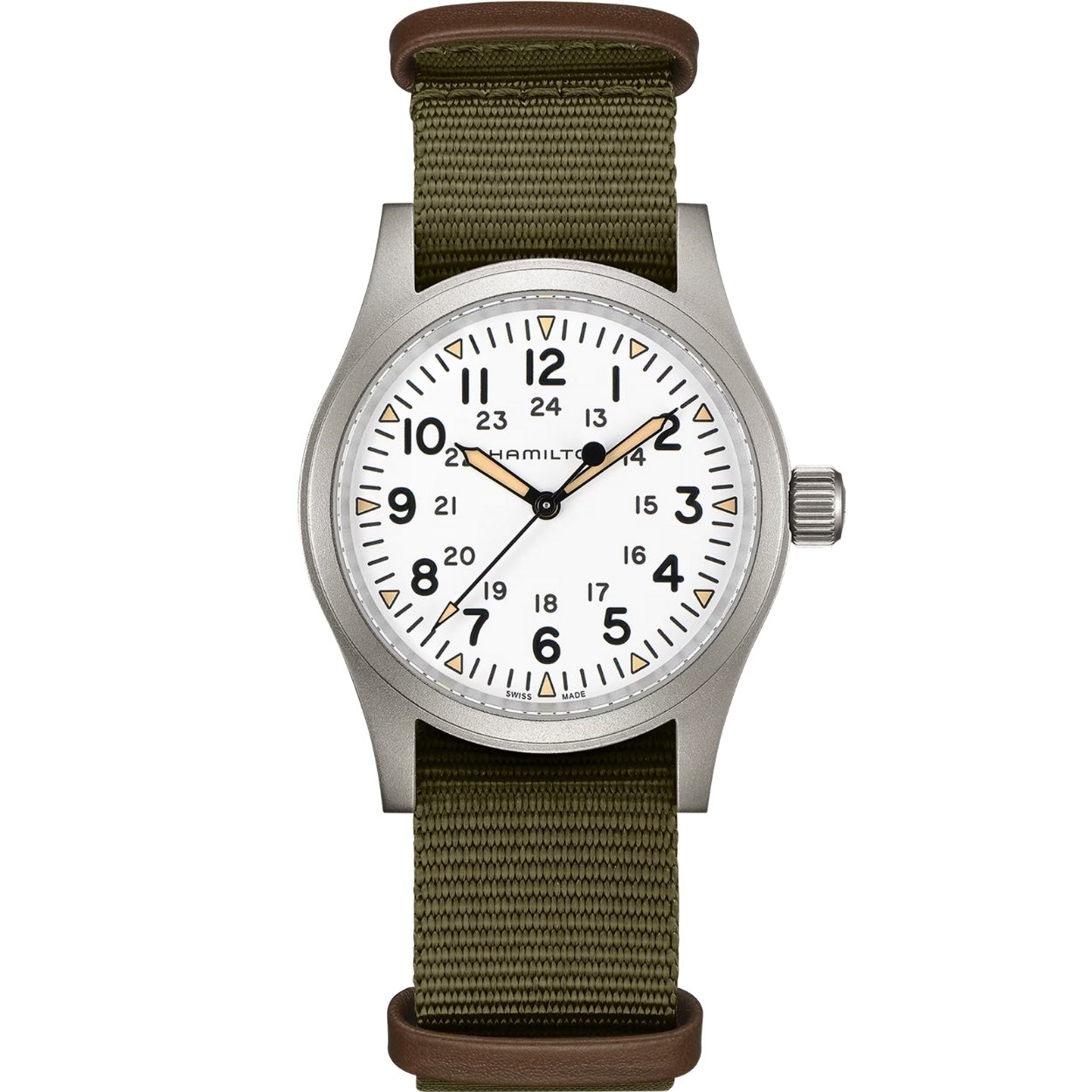 Hamilton Khaki Field Mechanical H69439411 analog herrklocka med vit urtavla och armband i textil