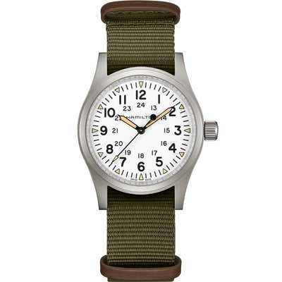 Hamilton Khaki Field Mechanical H69439411 analog herrklocka med vit urtavla och armband i textil