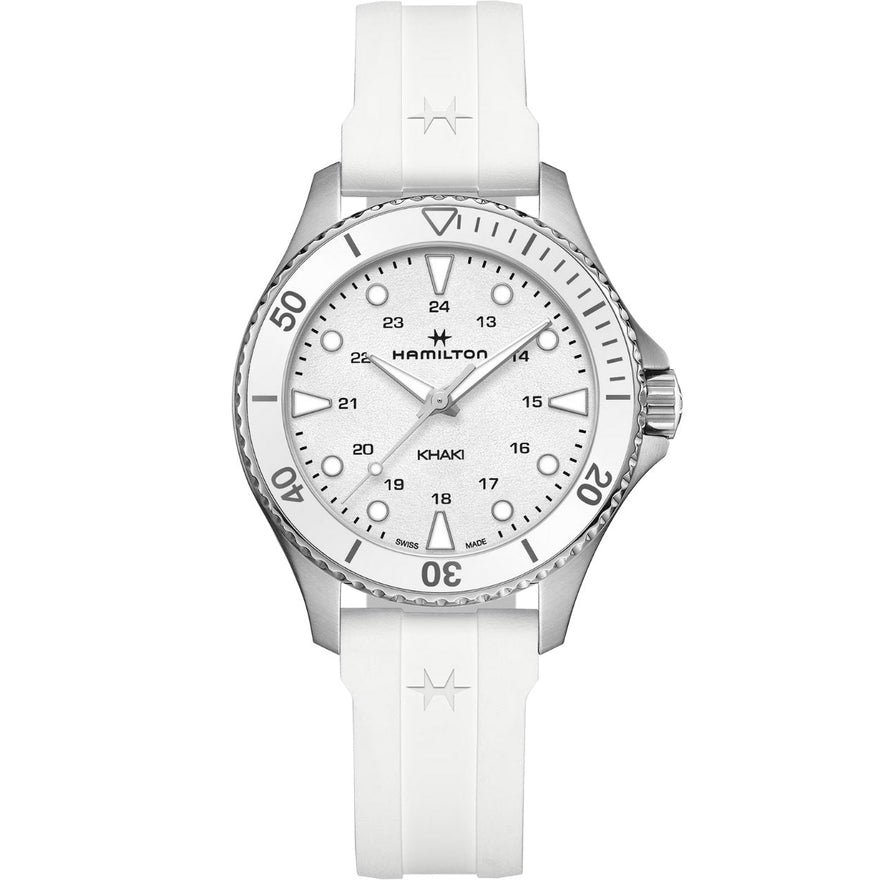 Hamilton Khaki Navy Scuba H82221310 analog unisexklocka med vit urtavla och armband i gummi