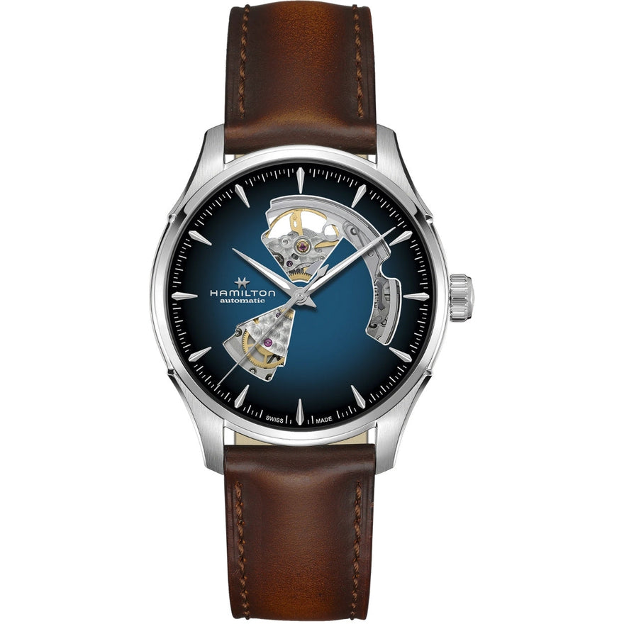 Hamilton Jazzmaster Open Heart Auto H32675540 analog herrklocka med blå urtavla och armband i läder