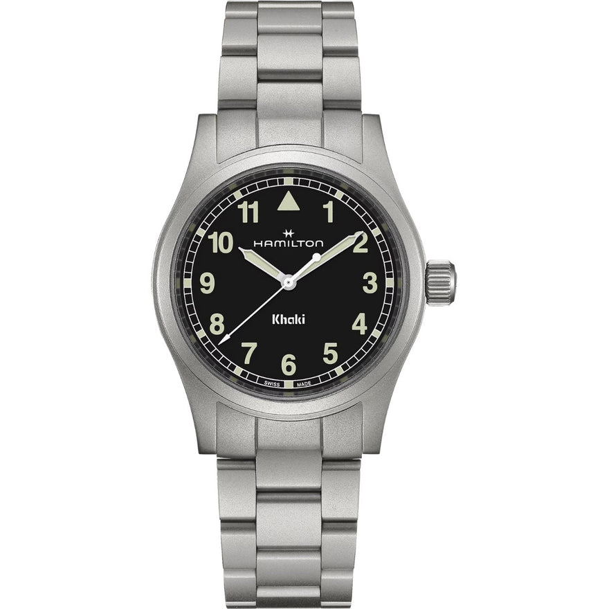 Hamilton Khaki Field H69401130 analog herrklocka med svart urtavla och armband i rostfritt stål