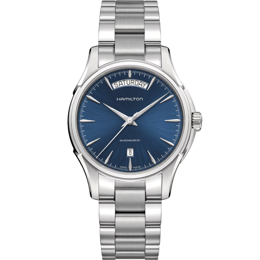 Hamilton Jazzmaster Day Date Auto H32505141 analog herrklocka med blå urtavla och armband i rostfritt stål