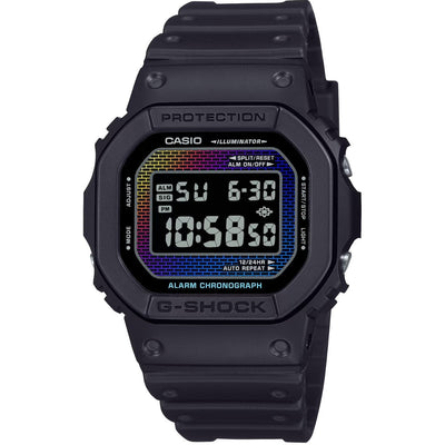 Casio G-Shock Rainbow Brick Wall Edition DW-5600RW-1ER digital unisexklocka med flerfärgad urtavla och armband i resin