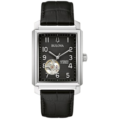 Bulova Sutton Automatisk 96A269 analog herrklocka med svart urtavla och armband i läder