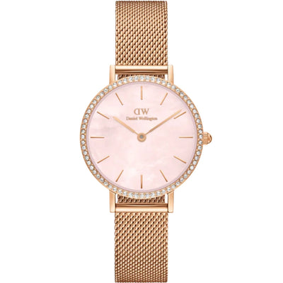 Daniel Wellington Petite Lumine Bezel Melrose DW00100663 analog damklocka med rosa urtavla och armband i rostfritt stål
