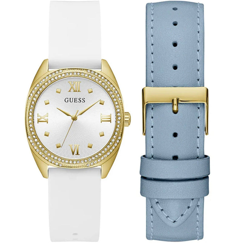 Guess Box Set Delilah GW0691L2 analog damklocka med vit urtavla och armband i gummi