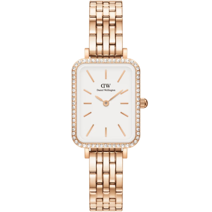 Daniel Wellington Quadro Lumine Bezel 5-Link Melrose DW00100672 analog damklocka med vit urtavla och armband i rostfritt stål