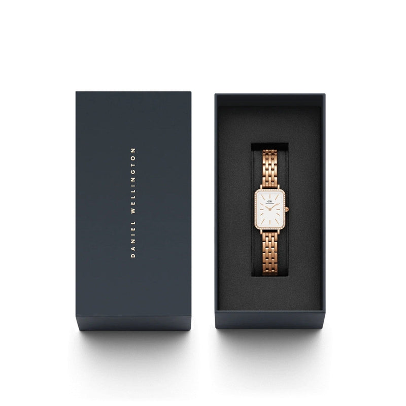 Daniel Wellington Quadro Lumine Bezel 5-Link Melrose DW00100672 analog damklocka med vit urtavla och armband i rostfritt stål