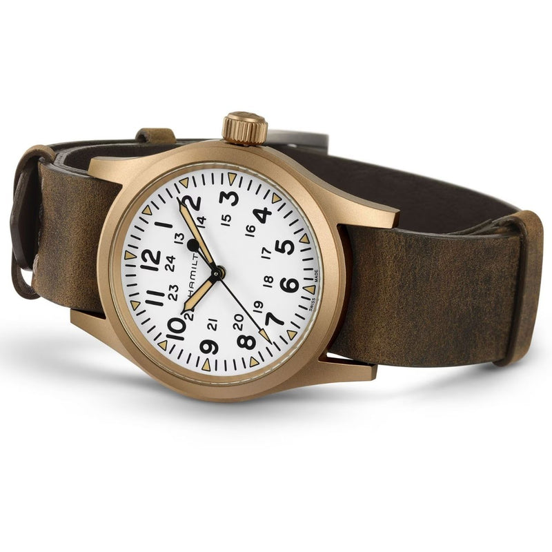 Hamilton Khaki Field Mechanical Bronze H69459510 analog herrklocka med vit urtavla och armband i läder