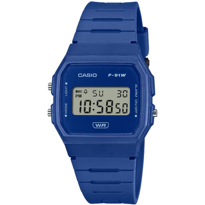Casio Timeless F-91WB-2A1EF digital unisexklocka med blå urtavla och armband i resin