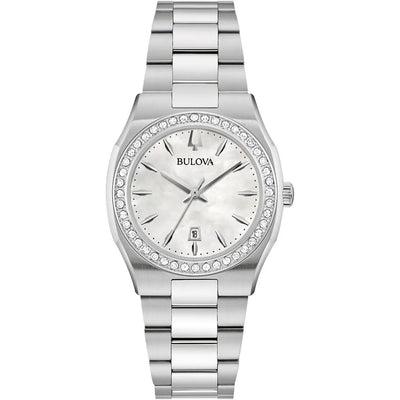 Bulova Surveyor Diamond 96R245 analog damklocka med silver urtavla och armband i rostfritt stål