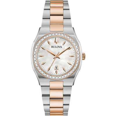 Bulova Surveyor 98R283 analog damklocka med vit urtavla och armband i rostfritt stål