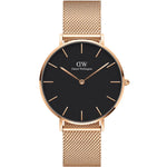 Daniel Wellington Petite Melrose Black DW00100303 analog damklocka med svart urtavla och armband i rostfritt stål
