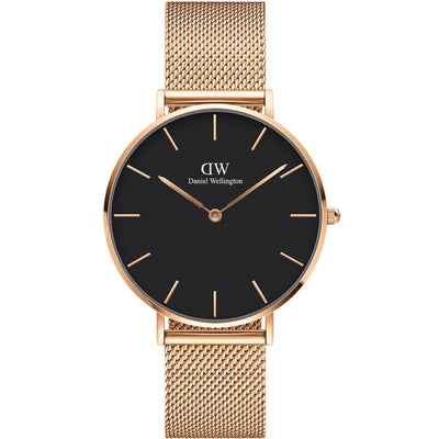 Daniel Wellington Petite Melrose Black DW00100303 analog damklocka med svart urtavla och armband i rostfritt stål