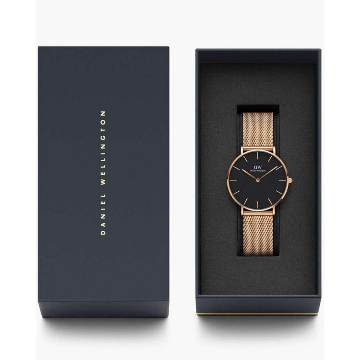 Daniel Wellington Petite Melrose Black DW00100303 analog damklocka med svart urtavla och armband i rostfritt stål
