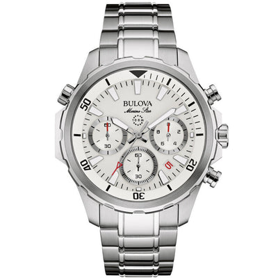 Bulova Marine Star Kronograf 96B255 analog herrklocka med vit urtavla och armband i rostfritt stål