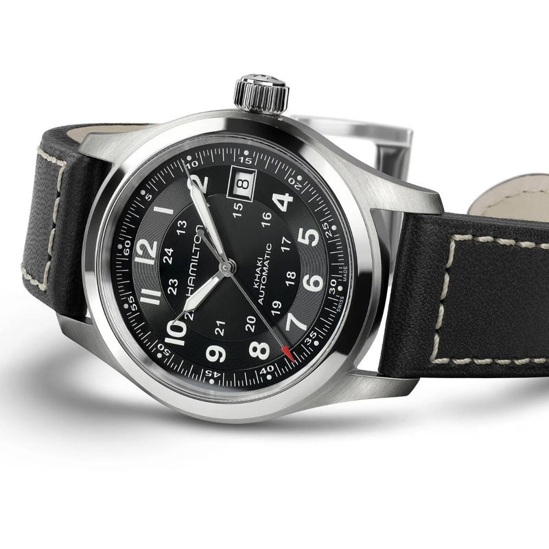 Hamilton Khaki Field Auto H70455733 analog herrklocka med svart urtavla och armband i läder