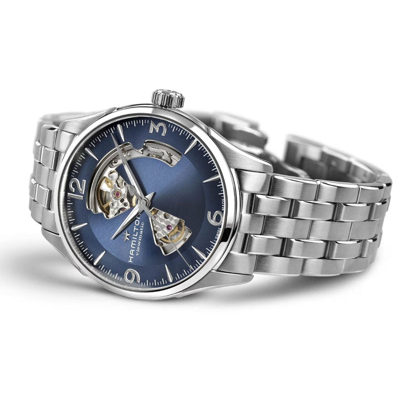 Hamilton Jazzmaster Open Heart Auto H32705141 analog herrklocka med blå urtavla och armband i rostfritt stål