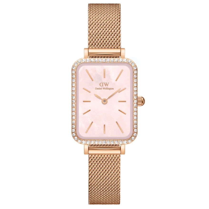 Daniel Wellington Quadro Lumine Bezel Melrose Pink MOP analog damklocka med rosa urtavla och armband i rostfritt stål