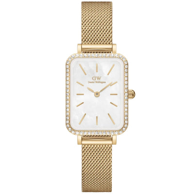 Daniel Wellington Quadro Lumine Bezel Evergold MOP analog damklocka med vit urtavla och armband i rostfritt stål