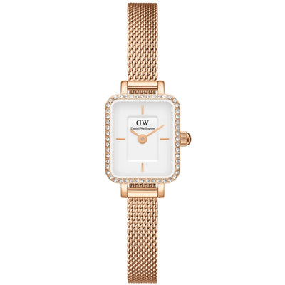 Daniel Wellington Quadro Mini Lumine Bezel Rose Gold analog damklocka med vit urtavla och armband i rostfritt stål
