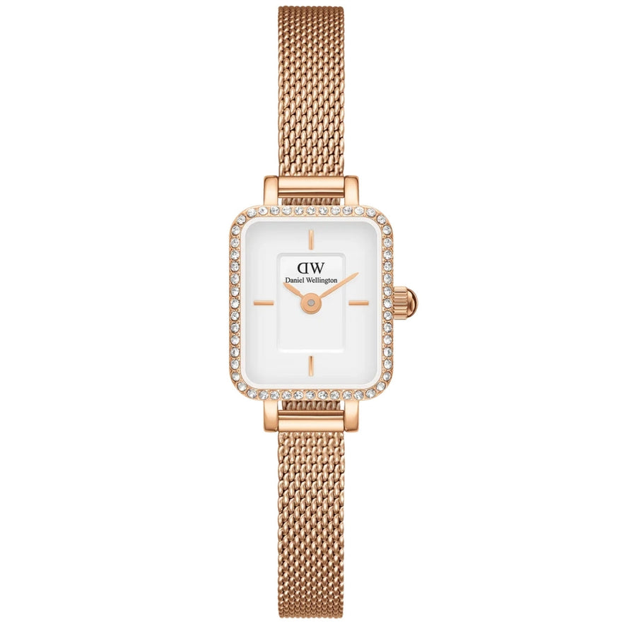 Daniel Wellington Quadro Mini Lumine Bezel Rose Gold analog damklocka med vit urtavla och armband i rostfritt stål