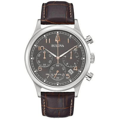 Bulova Classic 96B356 analog herrklocka med grå urtavla och armband i läder