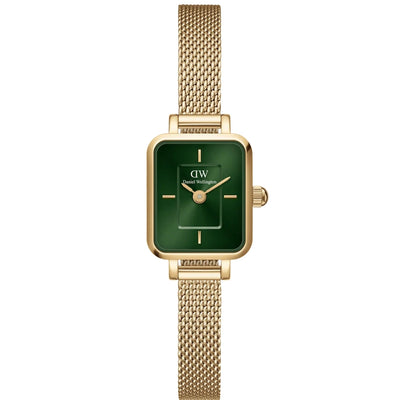 Daniel Wellington Quadro Mini Evergold Emerald analog damklocka med grön urtavla och armband i rostfritt stål
